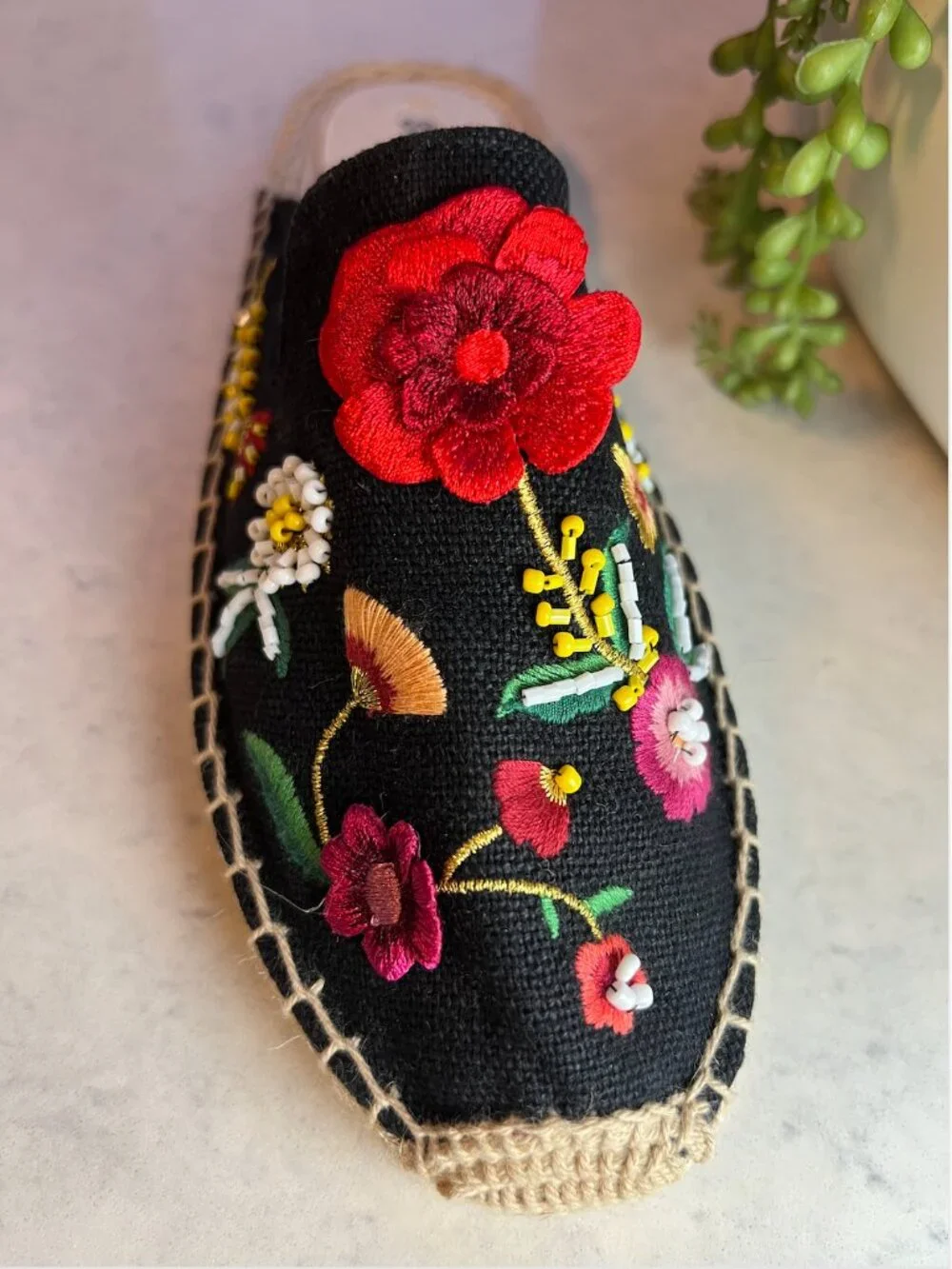 Soludos Embellished Floral Mule Espadrille BLACK sz 7